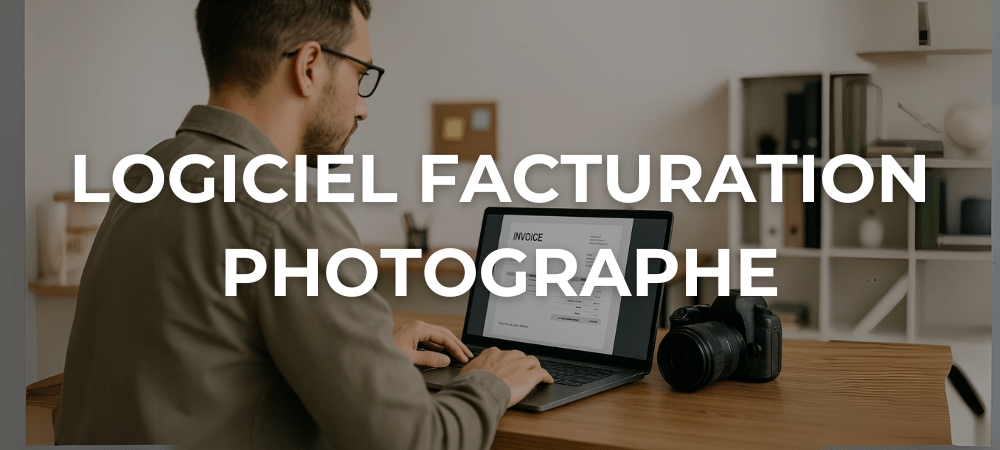 Photographe créant une facture sur ordinateur portable avec appareil photo à côté