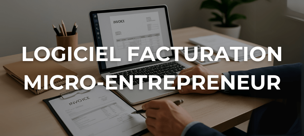 Micro-entrepreneur utilisant un logiciel de facturation en ligne sur ordinateur portable dans un bureau moderne