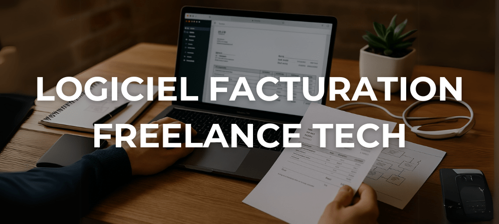 Freelance tech consultant générant une facture professionnelle sur un ordinateur portable avec un logiciel de facturation intuitif, dans un bureau lumineux et organisé.