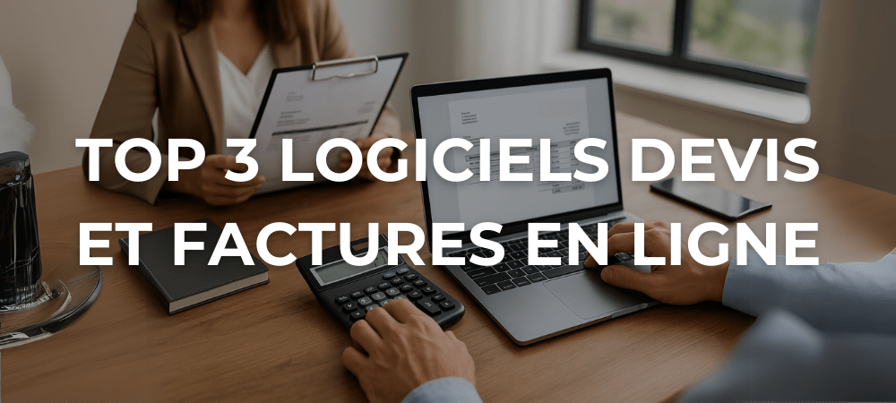 Deux professionnels travaillent sur des devis et factures, l’un sur un ordinateur portable affichant une facture numérique, l’autre avec une version imprimée, dans un bureau lumineux.