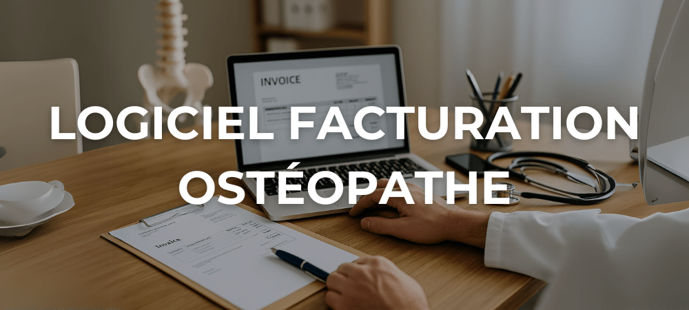 Ostéopathe consultant une facture sur son ordinateur portable dans un cabinet moderne, avec un stéthoscope et une feuille de facturation imprimée sur le bureau.