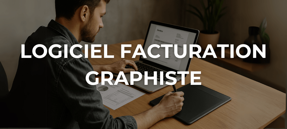 Graphiste indépendant concentré devant son ordinateur portable, créant une facture numérique dans un environnement de travail calme et professionnel.