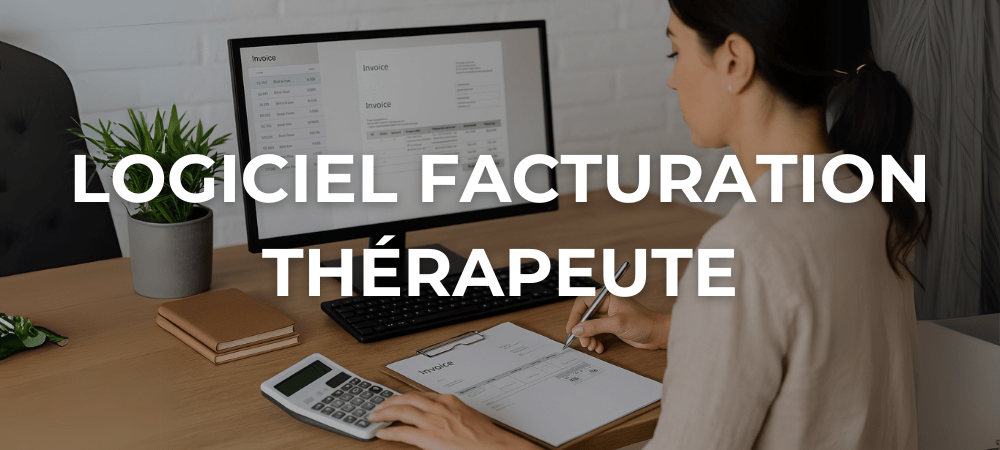 Femme thérapeute remplissant une facture papier tout en consultant un logiciel de facturation sur ordinateur dans un bureau professionnel.