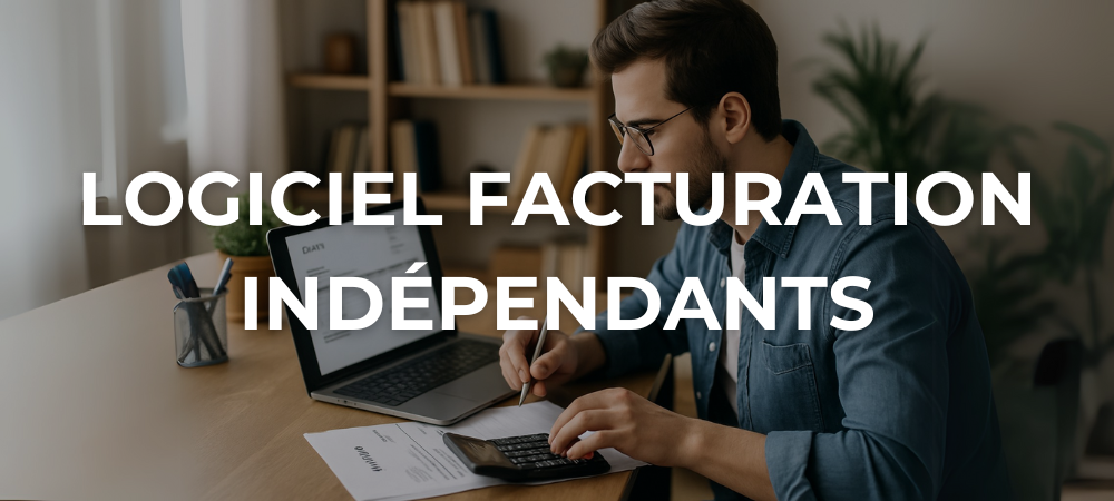 Jeune freelance utilisant un ordinateur portable et une calculatrice pour gérer sa facturation dans un bureau à domicile bien organisé