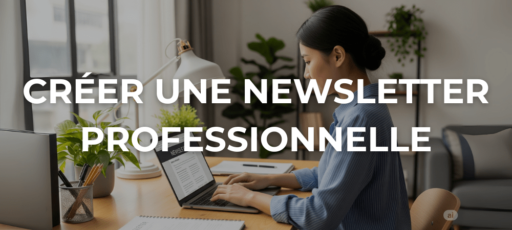 Professionnelle indépendante dans un bureau moderne et lumineux, qui apprend comment créer une newsletter professionnelle facilement grâce à un guide sur son ordinateur portable.