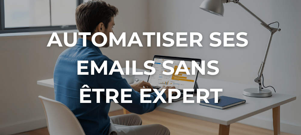 Un entrepreneur indépendant gère son automatisation email sur un ordinateur portable, utilisant un logiciel avec une interface visuelle simple et des graphiques clairs dans un bureau moderne.
